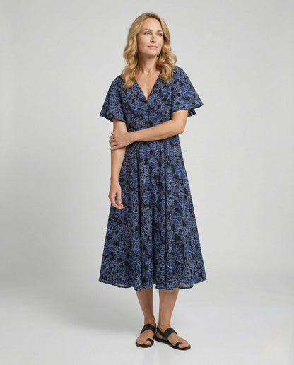 Damen Midikleid Bestickt V-Ausschnitt Fledermausärmel - Eveloria