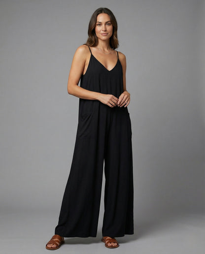 Damen Jersey-Overall Spaghettiträger Schwarz - Eveloria