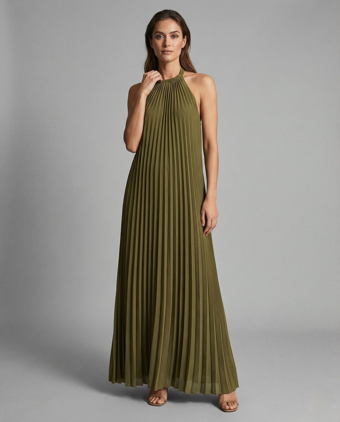 Damen Ärmelloses Plissee Maxikleid Stehkragen - Eveloria