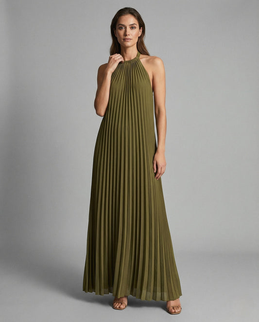 Damen Ärmelloses Plissee Maxikleid Stehkragen - Eveloria