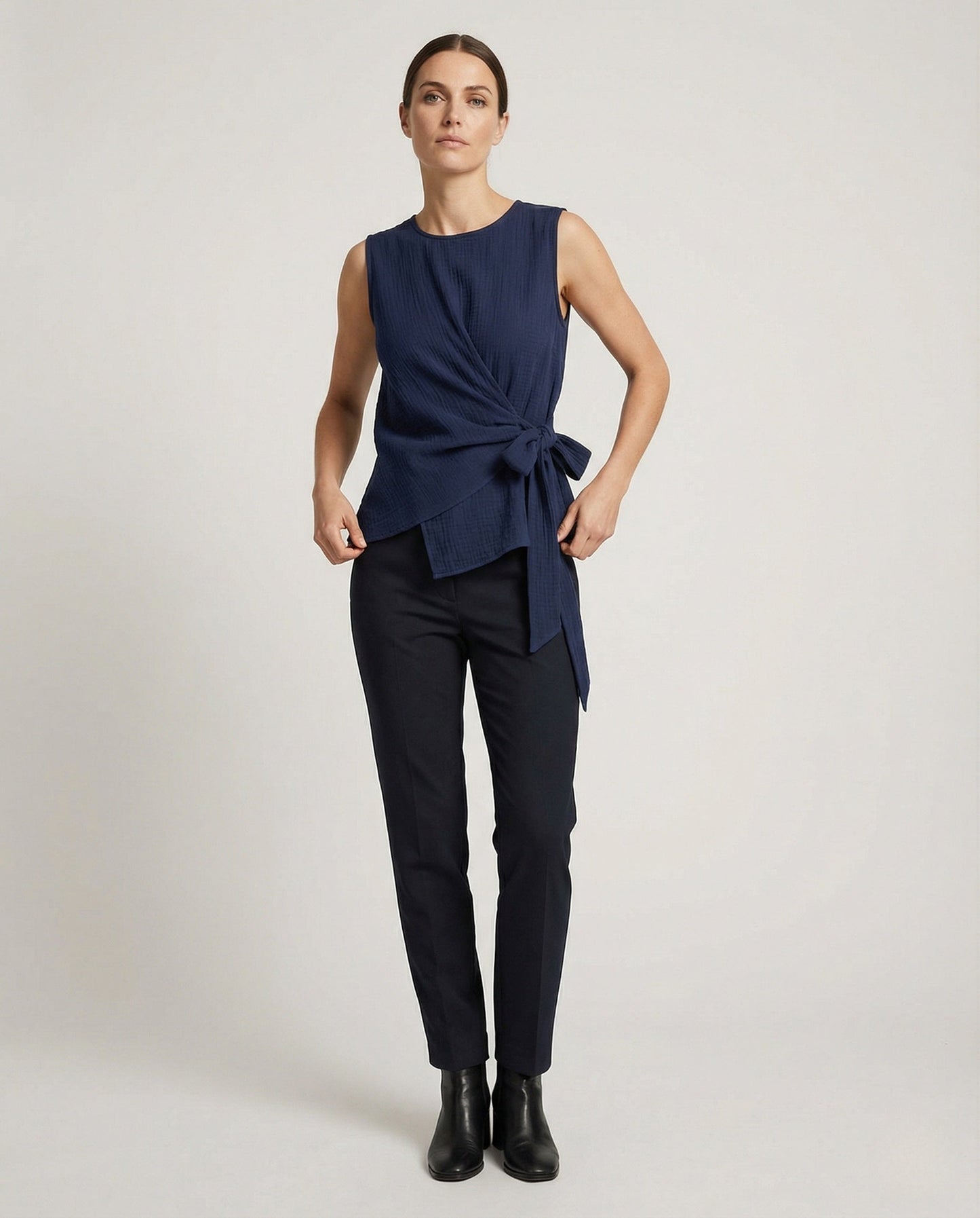 Damen Leinen Tunika Asymmetrisch Mit Seitenschleife Weiß - Eveloria