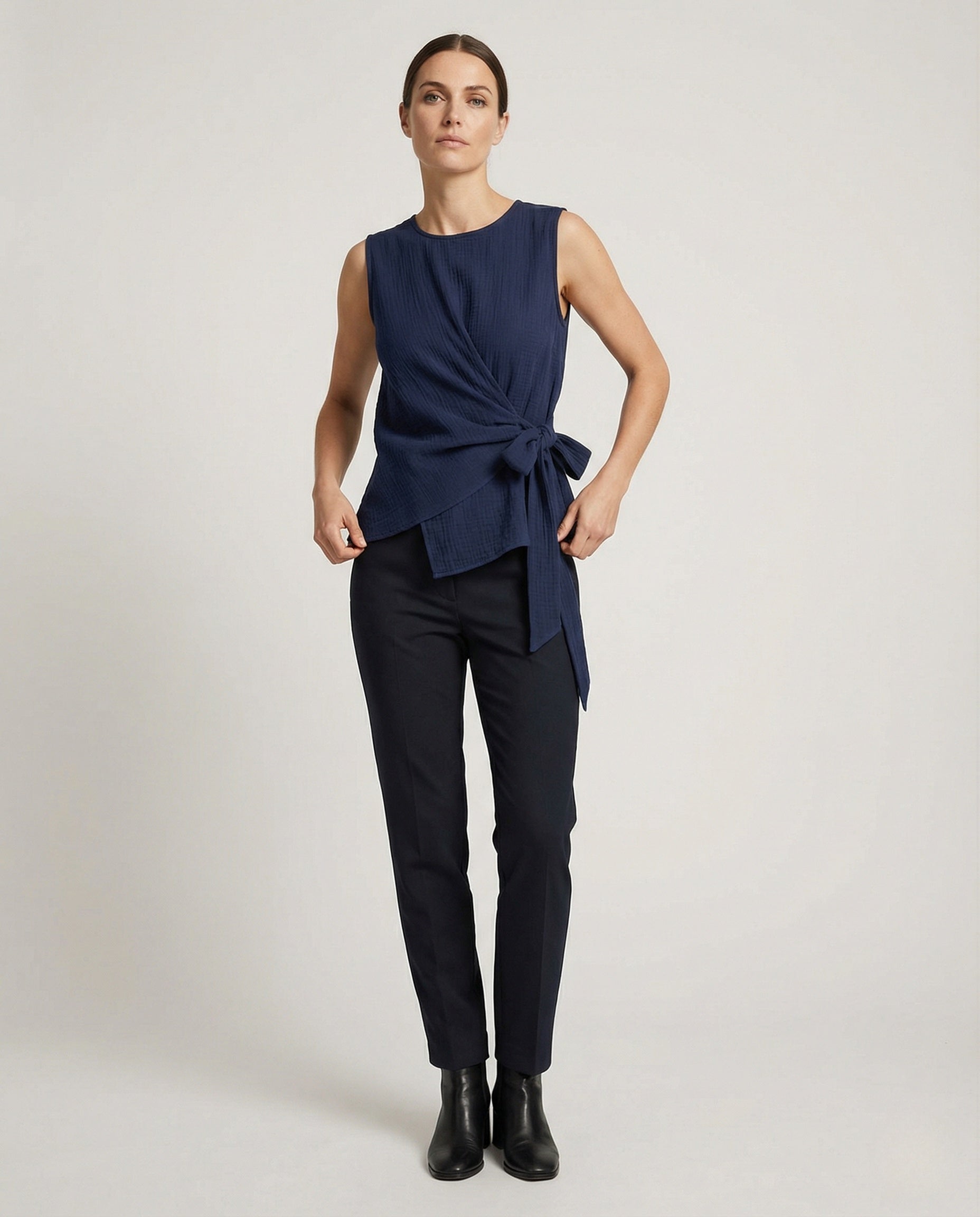 Damen Leinen Tunika Asymmetrisch Mit Seitenschleife Weiß - Eveloria