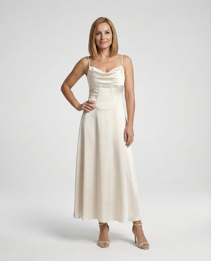 Damen Maxikleid Satin Drapiert Schwarz - Eveloria