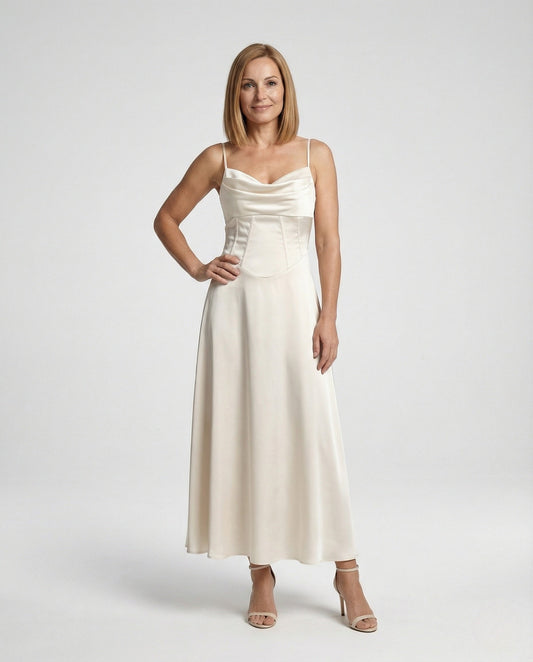 Damen Maxikleid Satin Drapiert Schwarz - Eveloria
