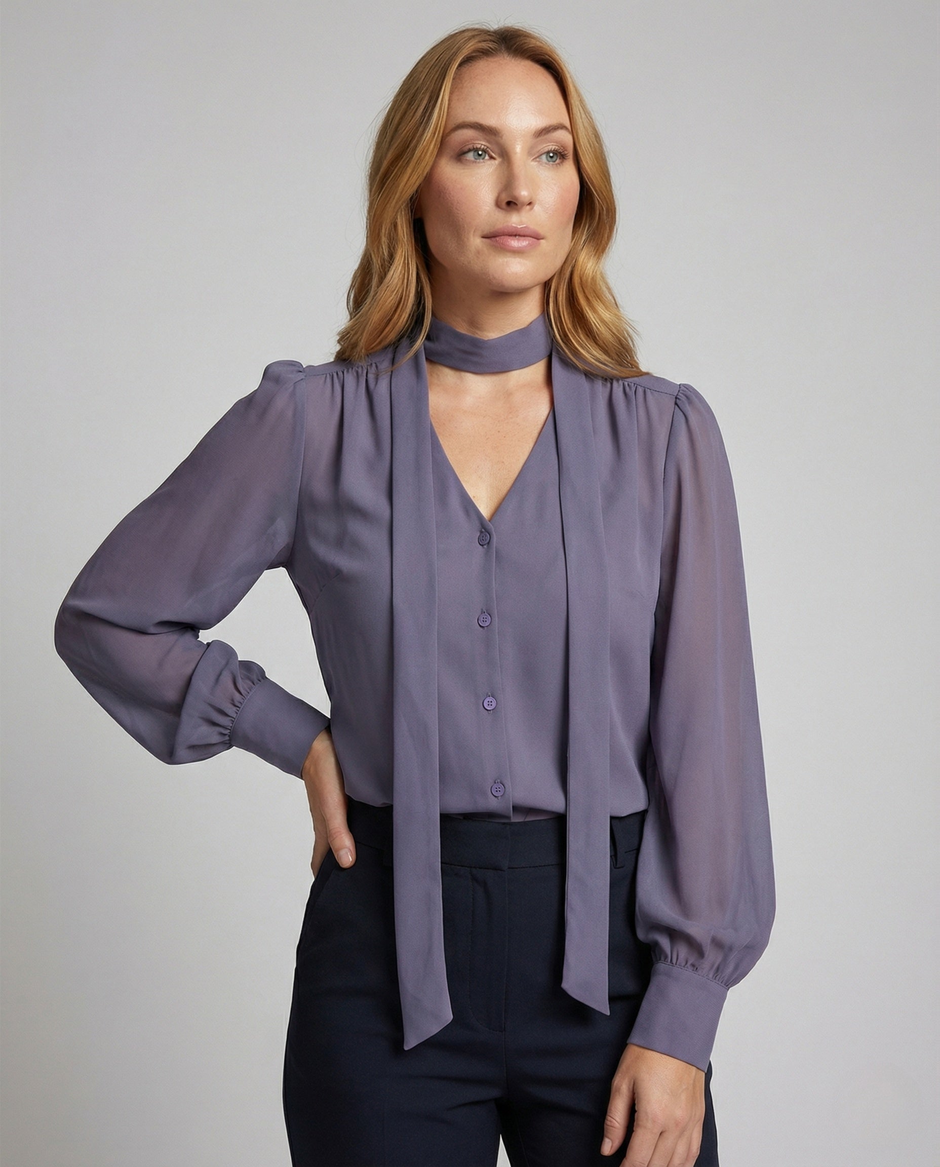 Damen Chiffonbluse mit Schluppe und Ballonärmeln - Eveloria
