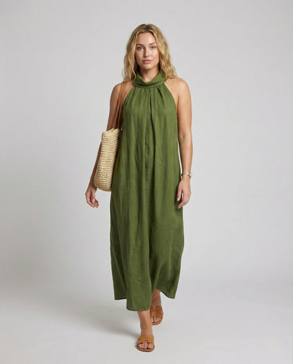 Damen Maxikleid Neckholder Bindegürtel - Eveloria
