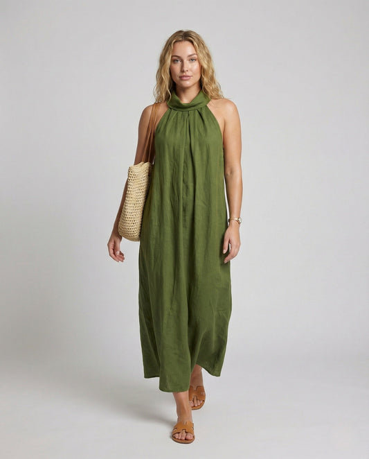 Damen Maxikleid Neckholder Bindegürtel - Eveloria