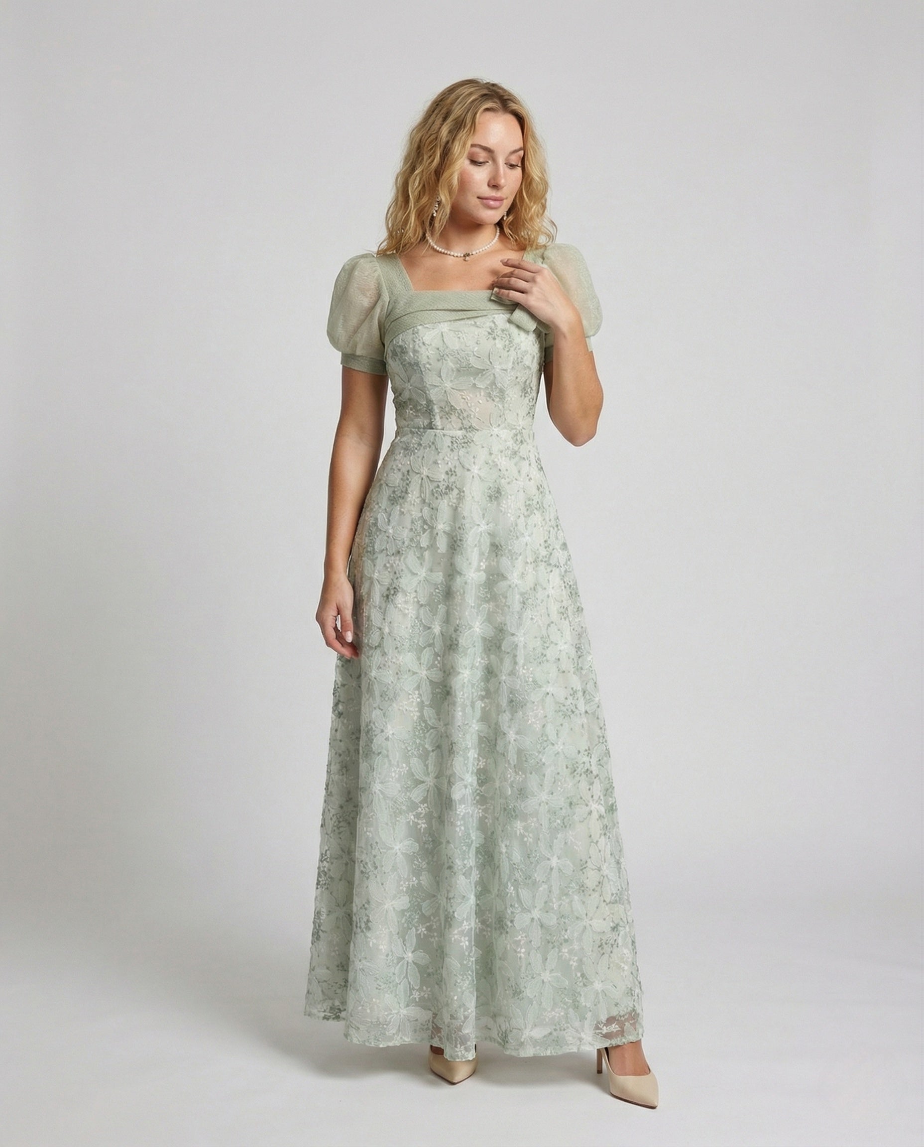 Damen Abendkleid Spitze Puffärmel - Eveloria