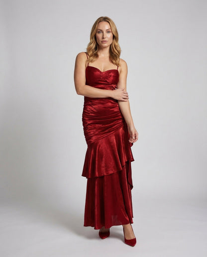 Damen Abendkleid Samt Volantrock - Eveloria