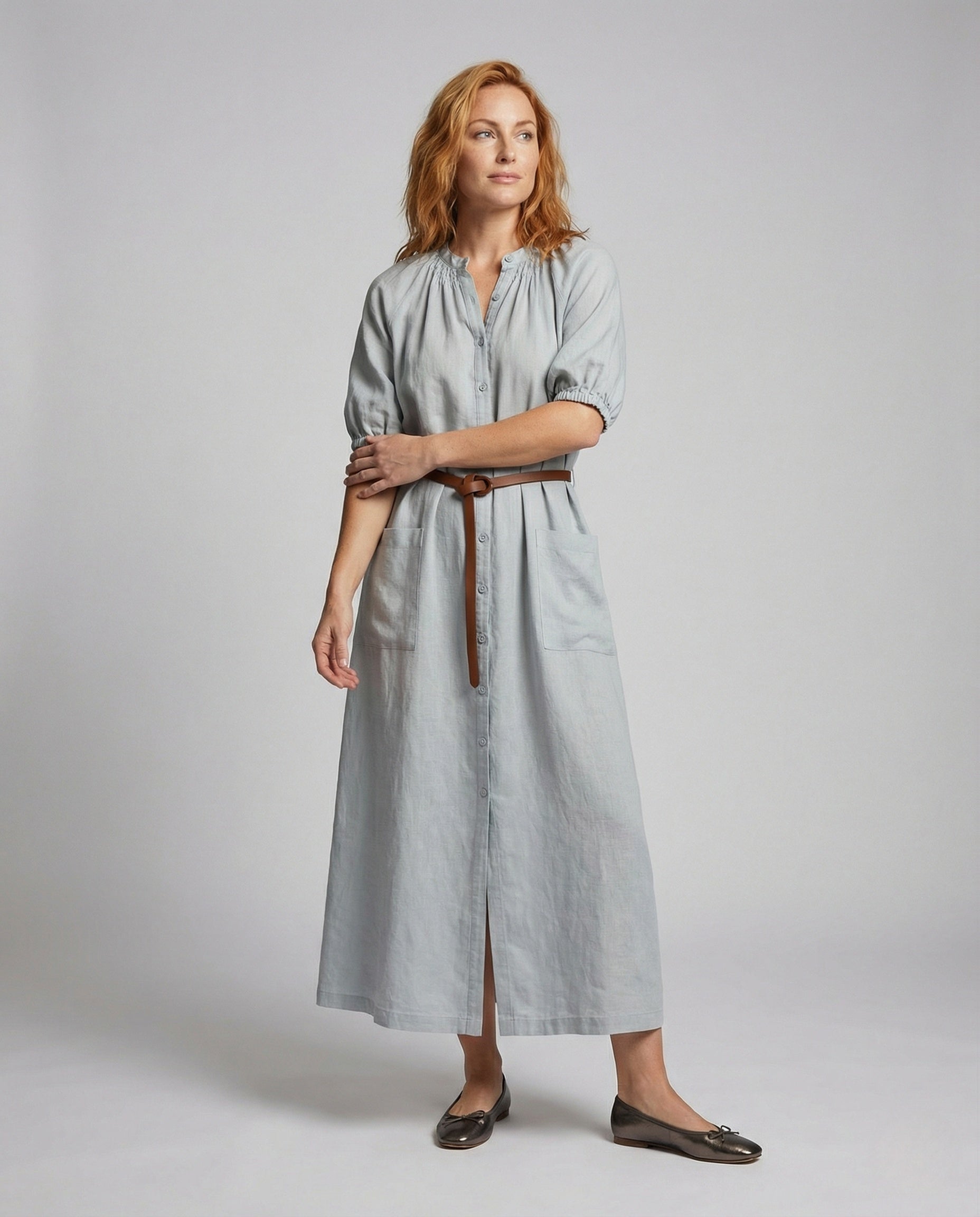 Damen Maxi Hemdkleid mit Bindegürtel - Eveloria