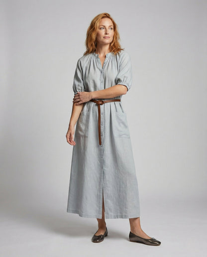 Damen Maxi Hemdkleid mit Bindegürtel - Eveloria