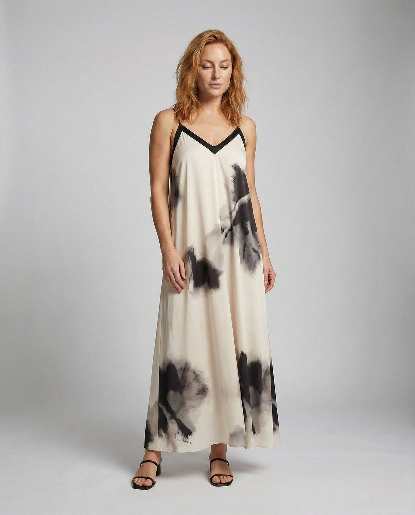 Damen Slipkleid V-Rücken Aquarellprint - Eveloria