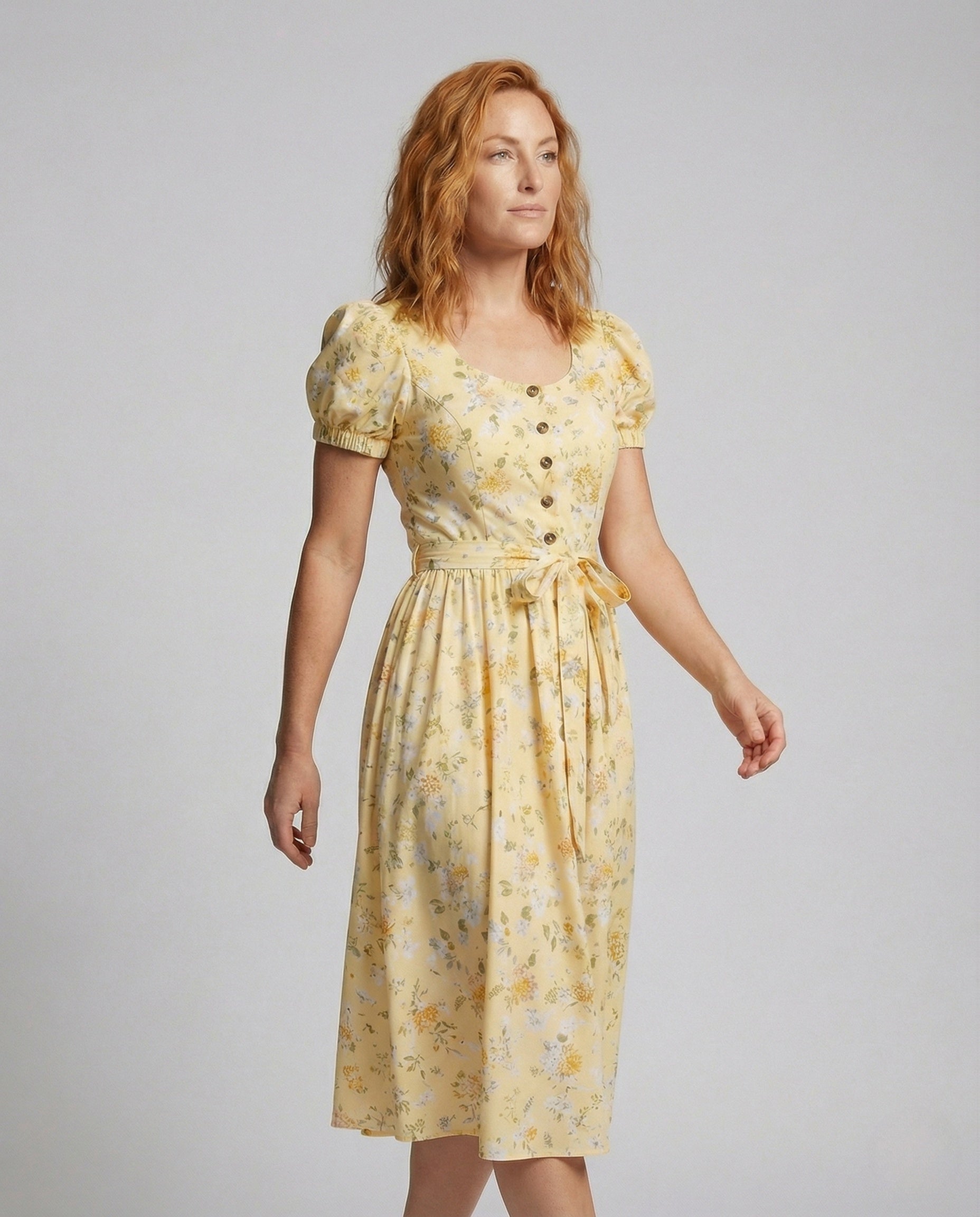 Damen Midikleid Blumenmuster Puffärmel - Eveloria