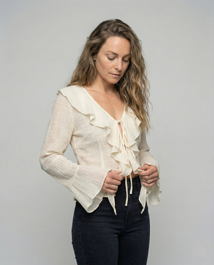 Damen Chiffonbluse Gecrinkelt Volantkragen - Eveloria