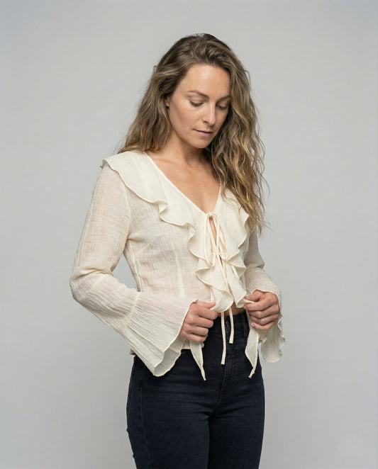 Damen Chiffonbluse Gecrinkelt Volantkragen - Eveloria