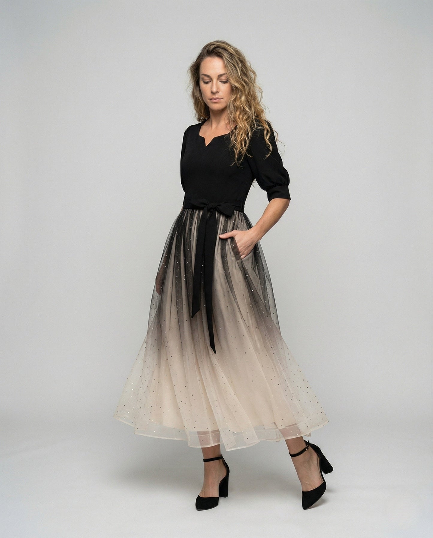 Damen Ballkleid Samt Tüll schwarz - Eveloria