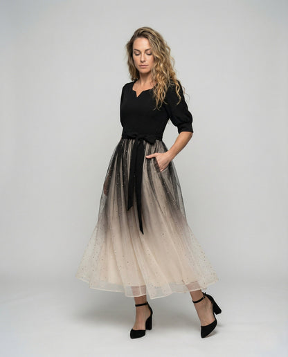 Damen Ballkleid Samt Tüll schwarz - Eveloria