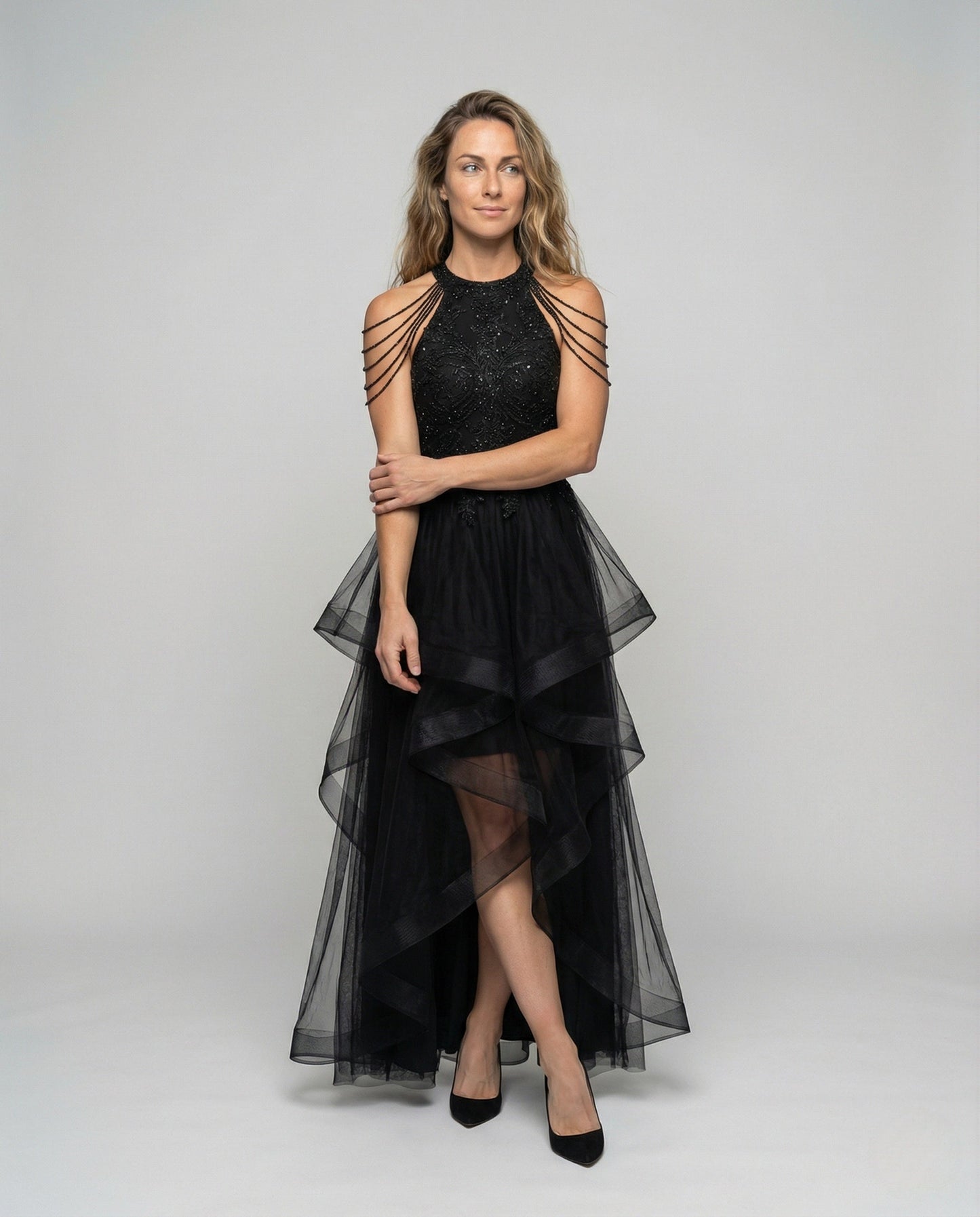 Damen Abendkleid Tüll Mieder Schwarz - Eveloria