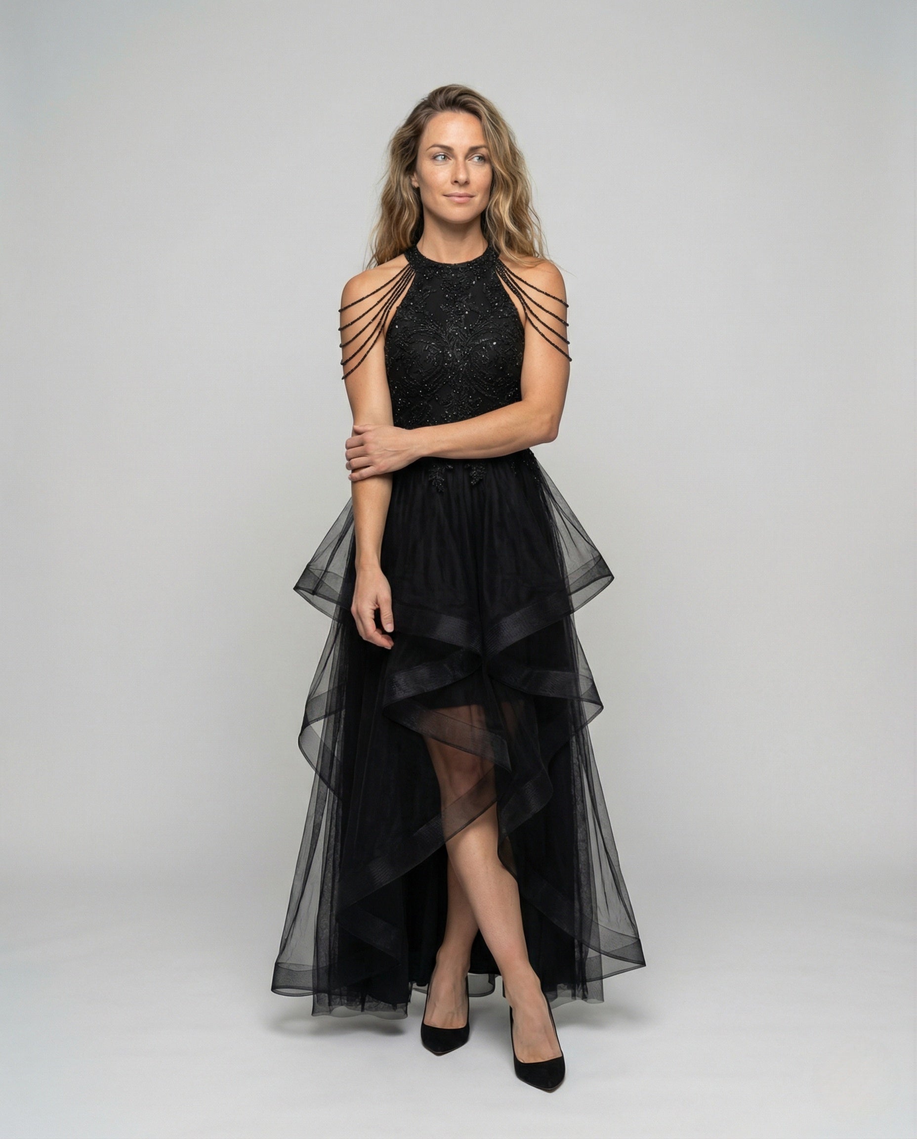 Damen Abendkleid Tüll Mieder Schwarz - Eveloria