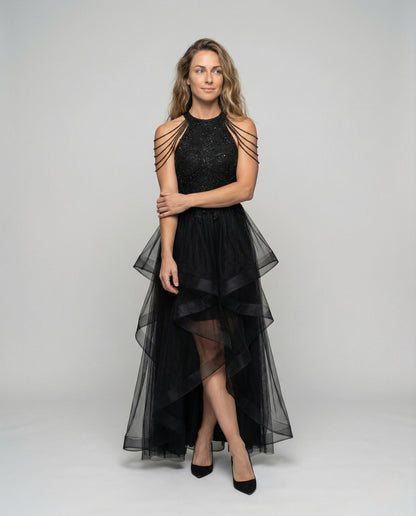 Damen Abendkleid Tüll Mieder Schwarz - Eveloria