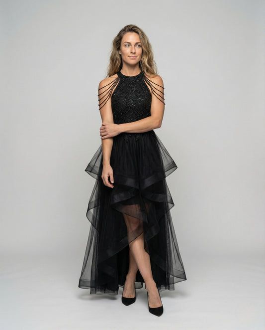Damen Abendkleid Tüll Mieder Schwarz - Eveloria