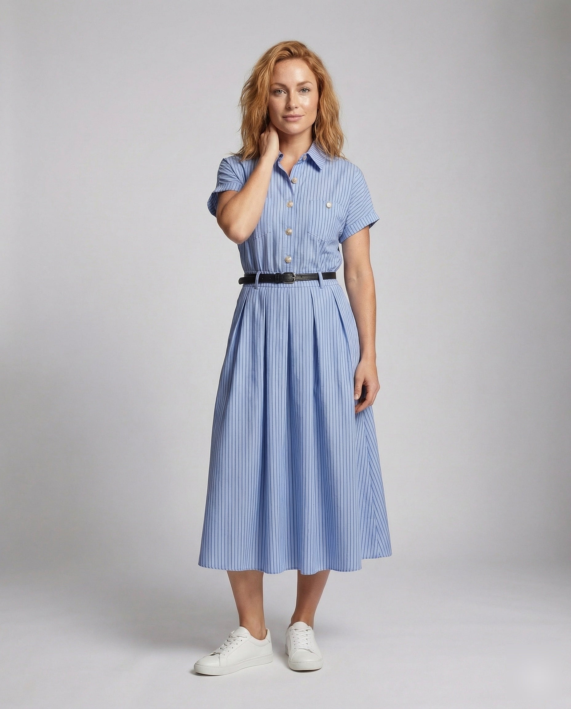 Damen Hemdkleid Kurzarm Nadelstreifen - Eveloria