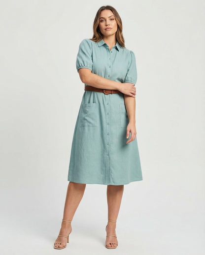 Damen Maxikleid Knopfleiste Gürtel - Eveloria