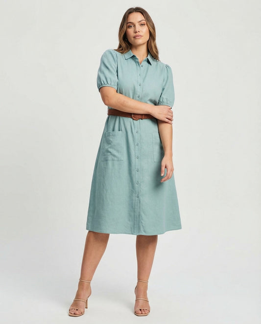 Damen Maxikleid Knopfleiste Gürtel - Eveloria