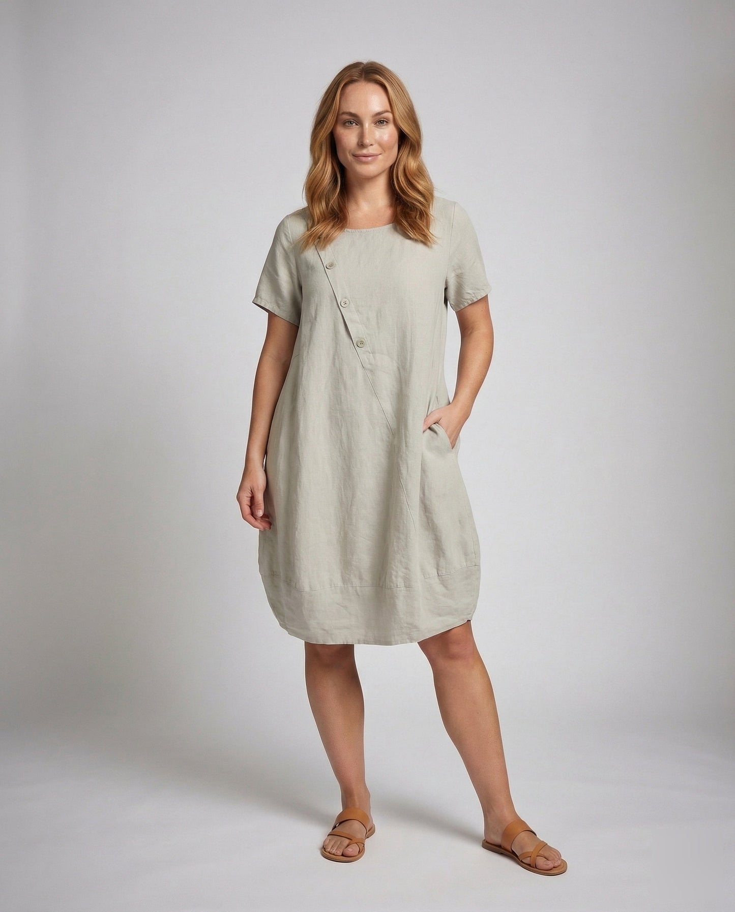 Damen Leinen A-Linie Kurzkleid mit Taschen - Eveloria
