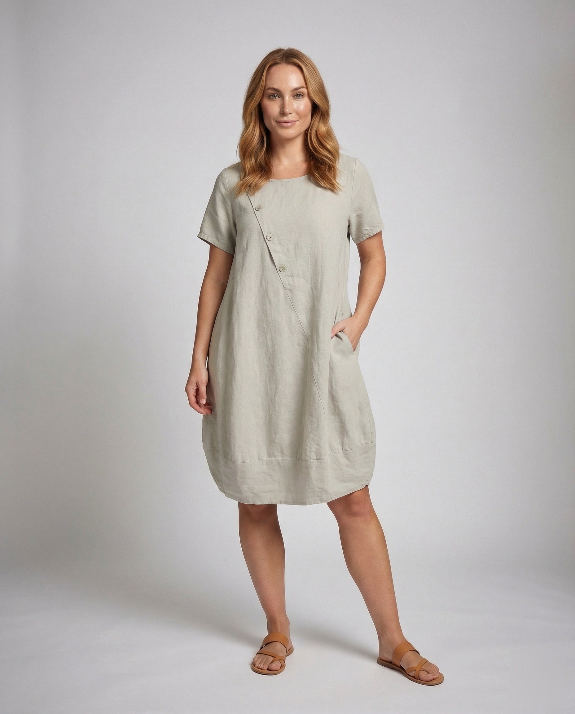Damen Leinen A-Linie Kurzkleid mit Taschen - Eveloria