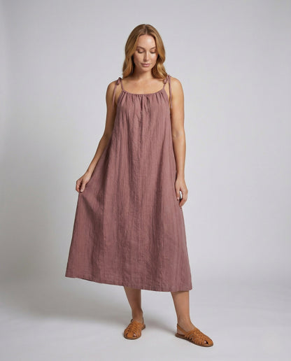 Damen Maxikleid Leinen Spaghettiträger Beige - Eveloria