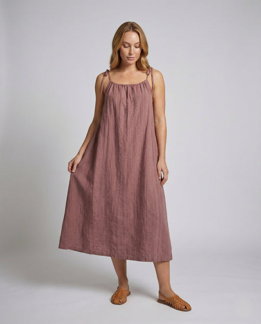 Damen Maxikleid Leinen Spaghettiträger Beige - Eveloria