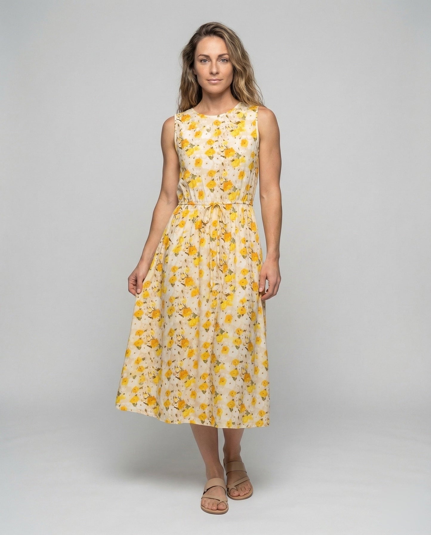 Damen Midikleid Floralmuster Kordelzug Taille - Eveloria