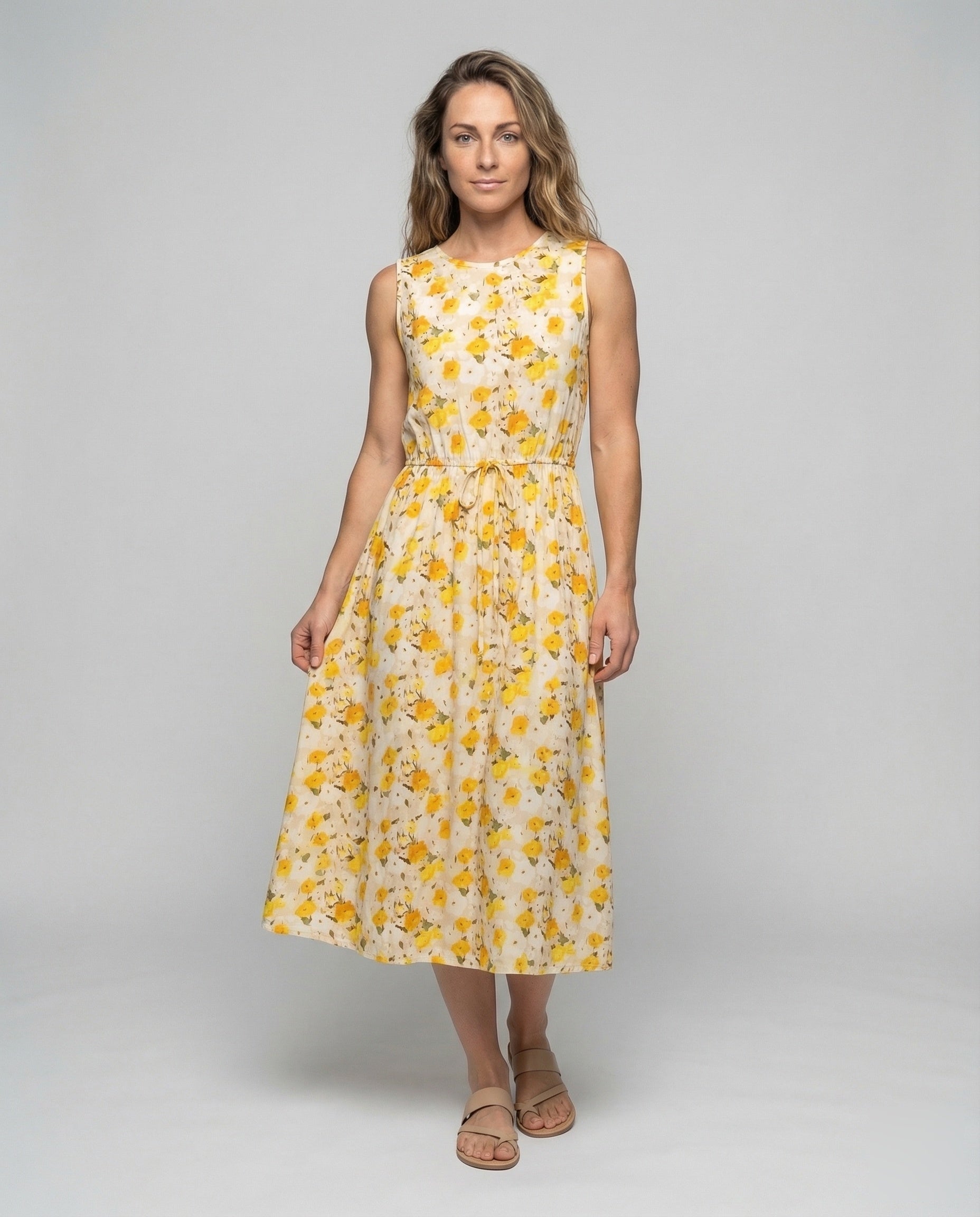 Damen Midikleid Floralmuster Kordelzug Taille - Eveloria