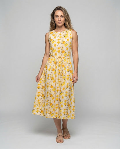 Damen Midikleid Floralmuster Kordelzug Taille - Eveloria