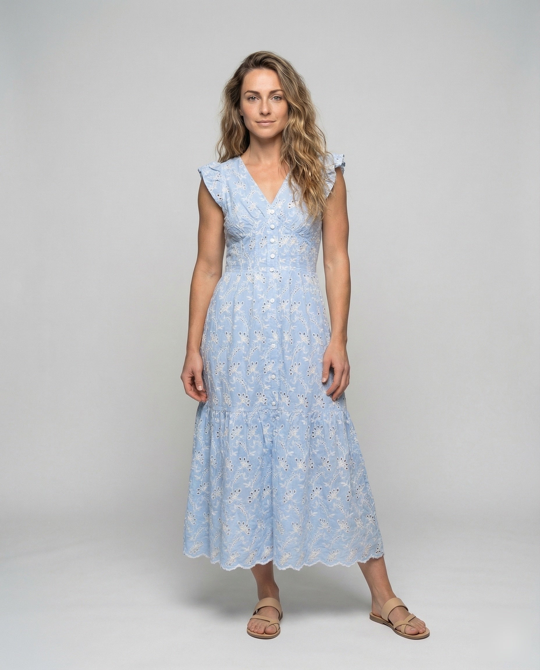 Damen Maxikleid Lochstickerei Volantrock - Eveloria