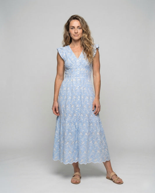 Damen Maxikleid Lochstickerei Volantrock - Eveloria