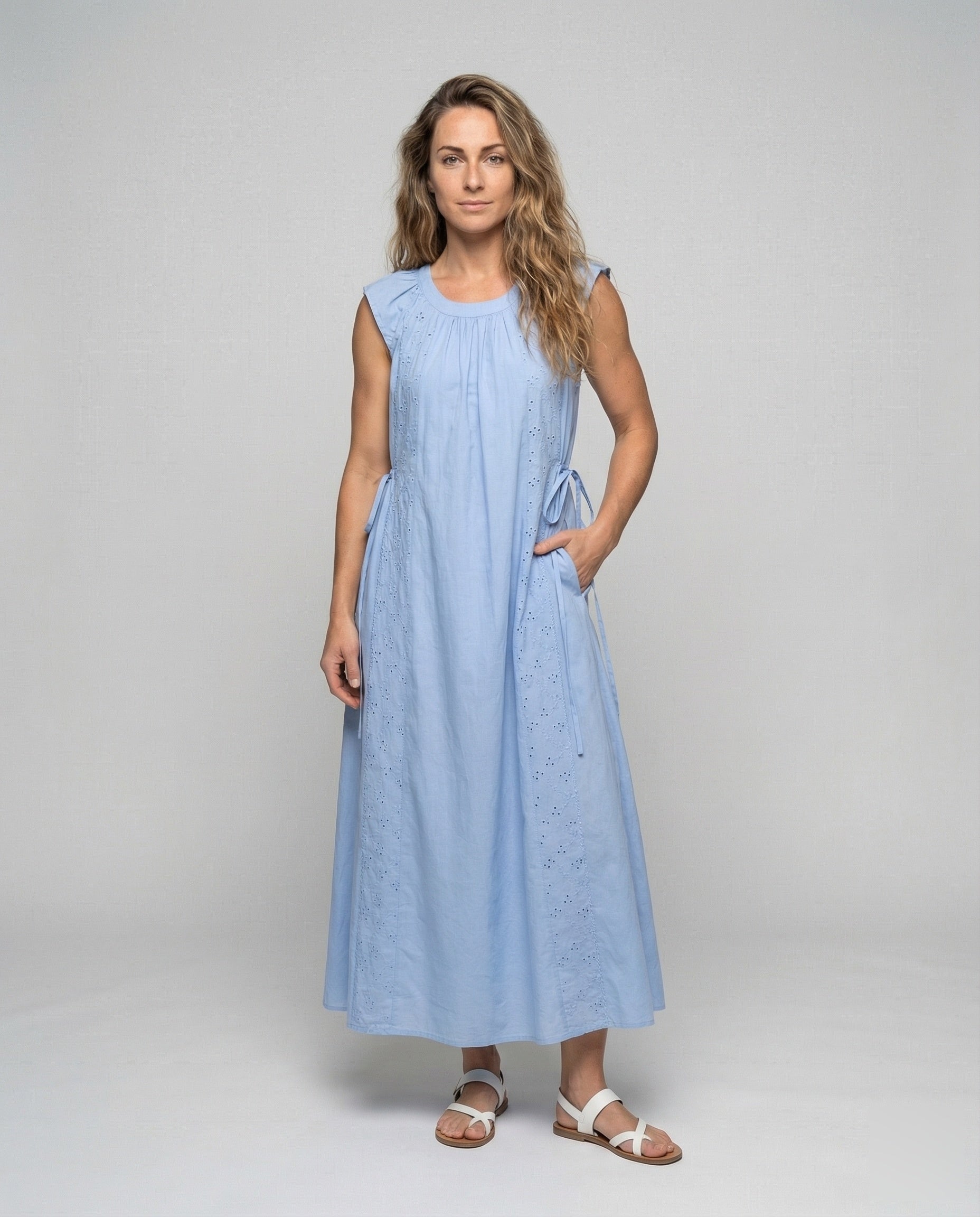 Damen Maxikleid Baumwolle Broderie Einsätze - Eveloria