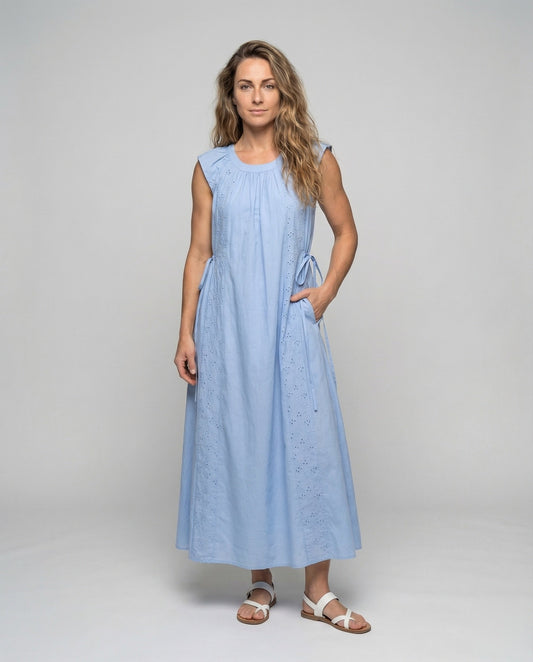 Damen Maxikleid Baumwolle Broderie Einsätze - Eveloria