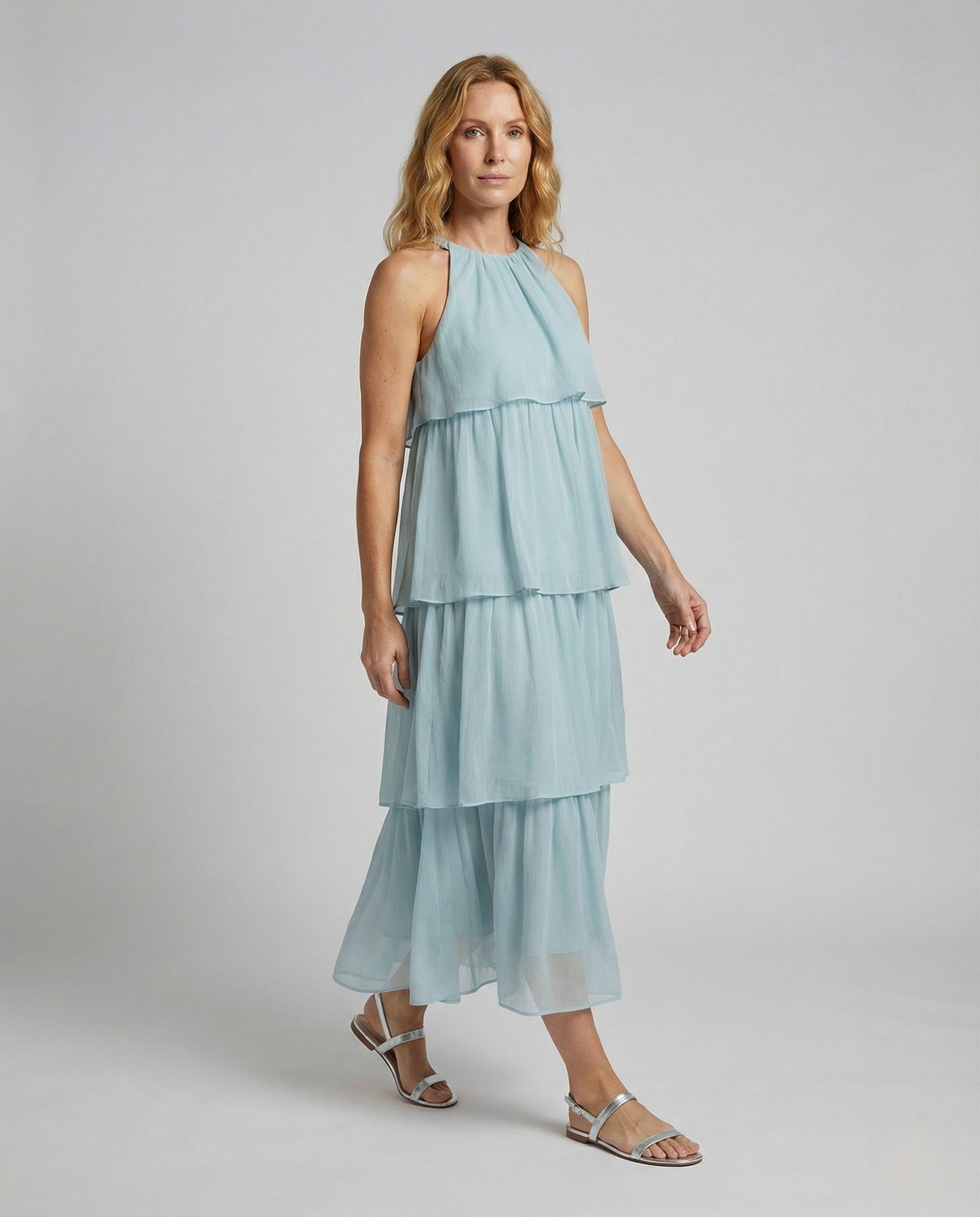 Damen Maxikleid Luftiges Chiffon Mit Volants - Eveloria