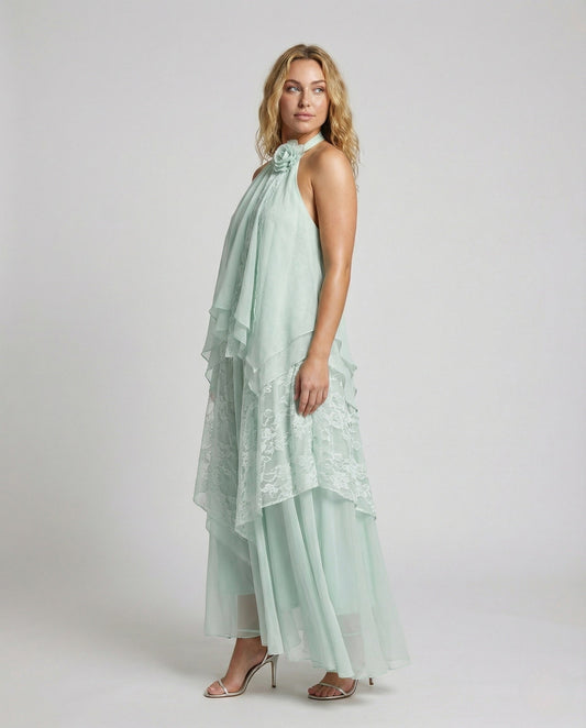 Damen Maxikleid Mehrlagig Spitze Overlay - Eveloria