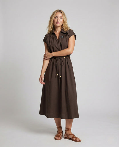 Damen Midikleid Hemdkragen Kordelzug - Eveloria