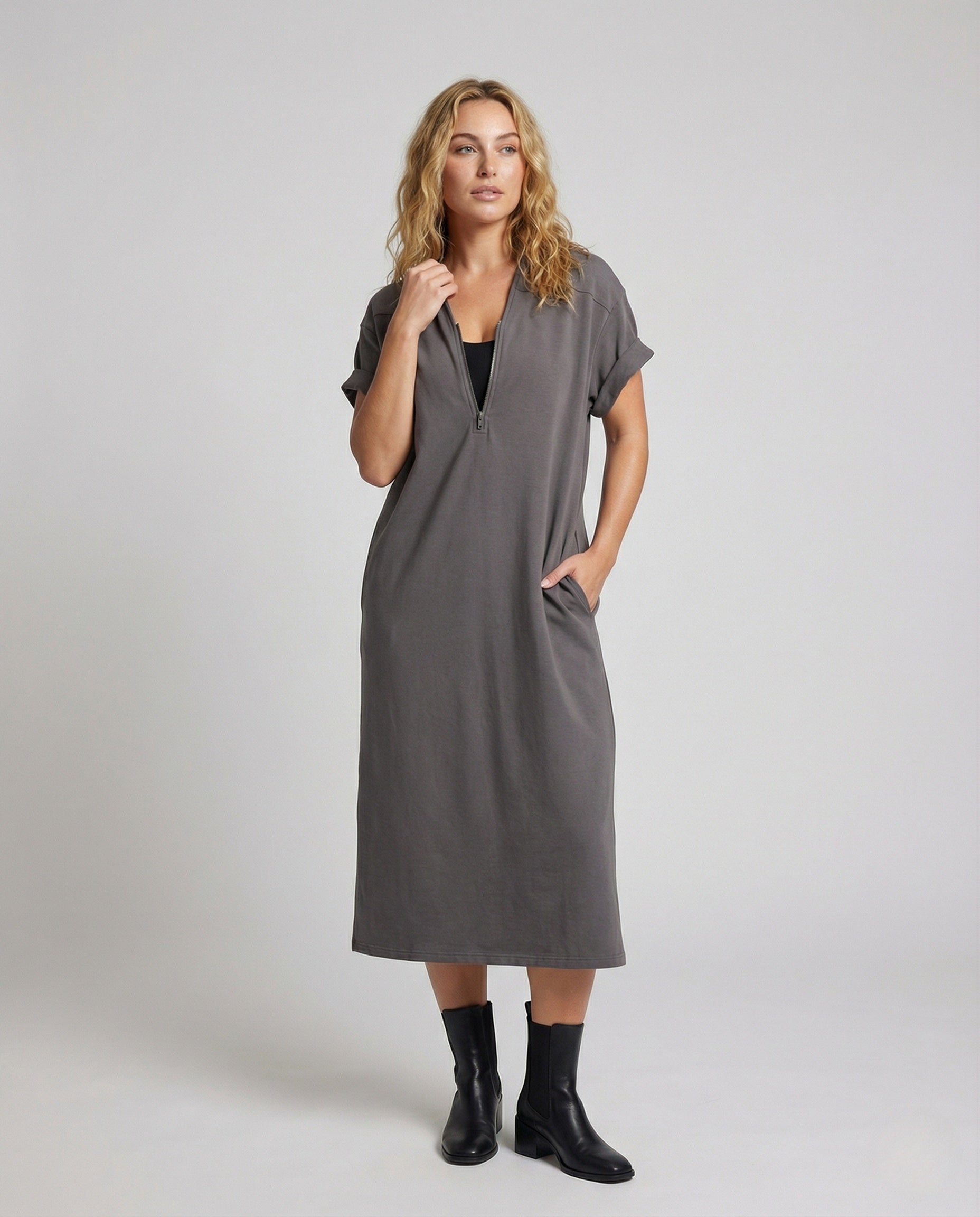 Damen Midikleid Freizeit Reißverschluss - Eveloria