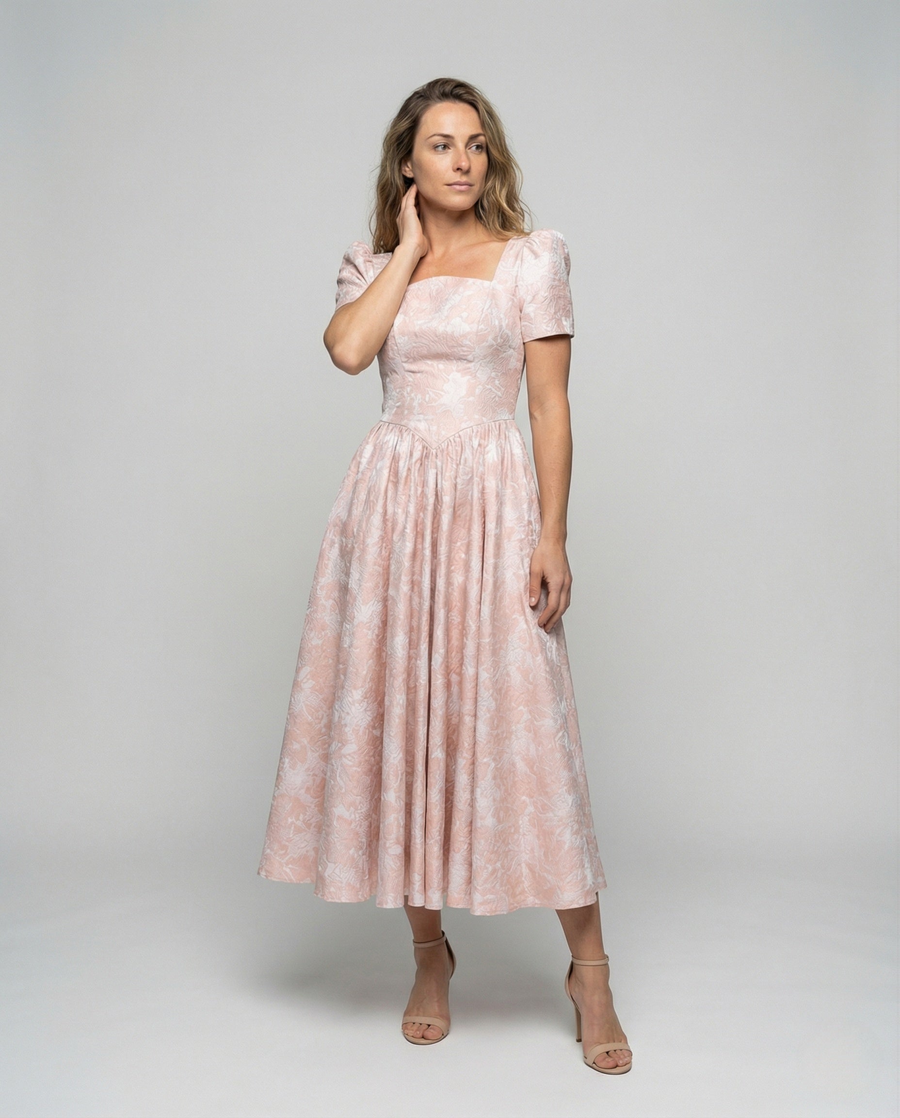 Damen Midikleid Jacquard Puffärmel - Eveloria