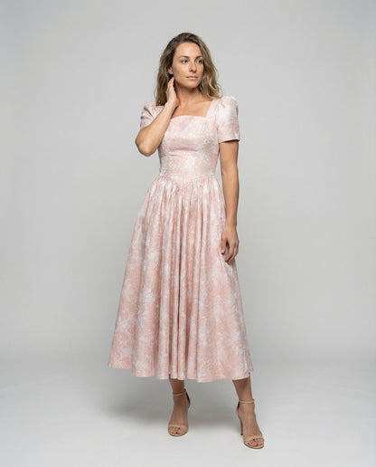 Damen Midikleid Jacquard Puffärmel - Eveloria