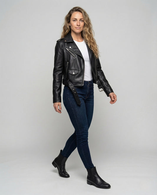 Damen Lederjacke Motorradstil Schwarz - Eveloria