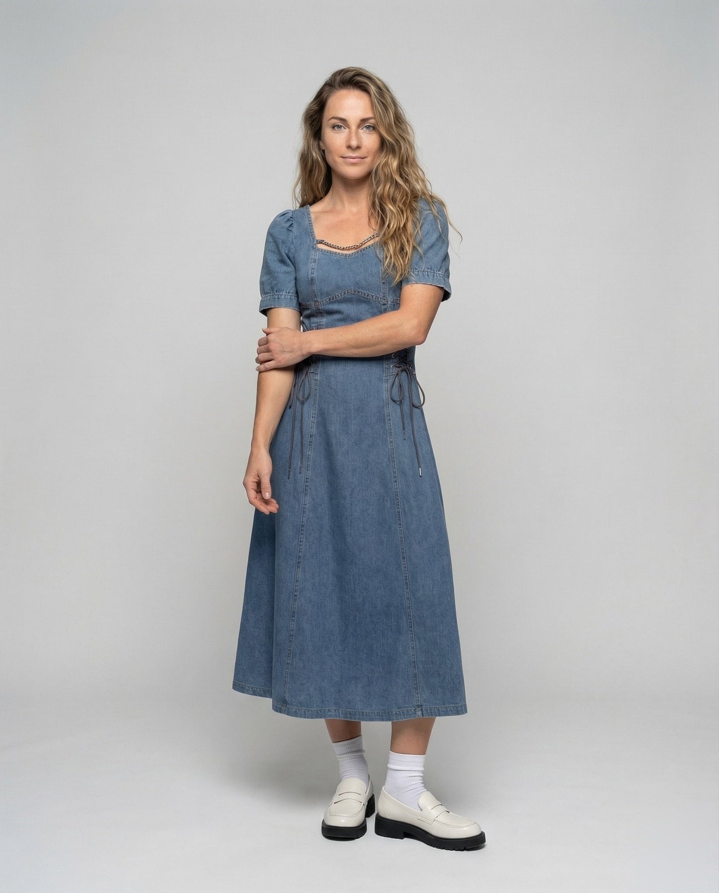 Damen Korsettkleid Jeansoptik Schnürung - Eveloria