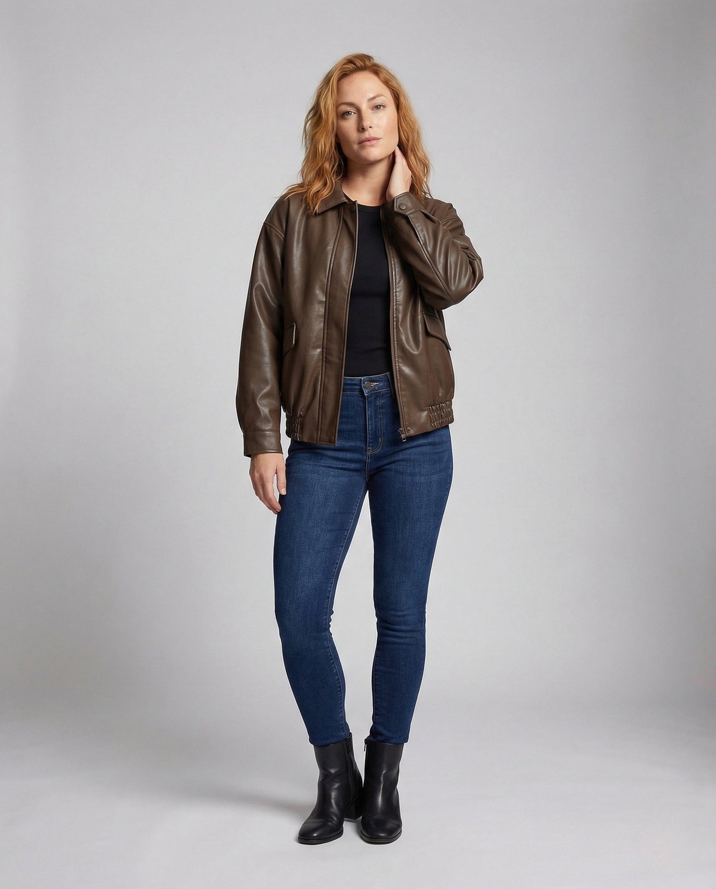 Damen Lederblouson Hemdkragen Schwarz - Eveloria