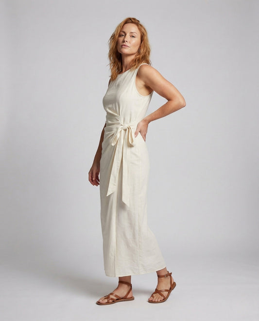 Damen Maxikleid Leinenoptik mit Taillenschleife - Eveloria