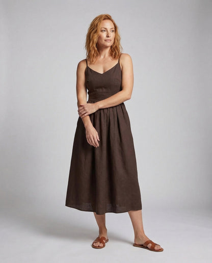 Damen Midikleid Leinenoptik Tellerrock - Eveloria